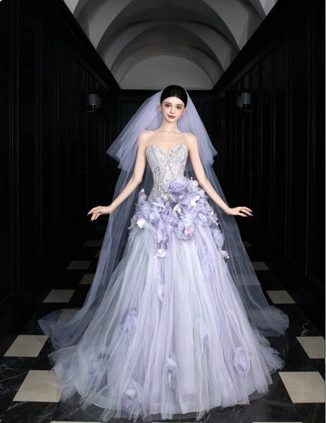 Dreamy Purple Strapless 3D Floral Tulle Train Ball Gown Evening Dresses