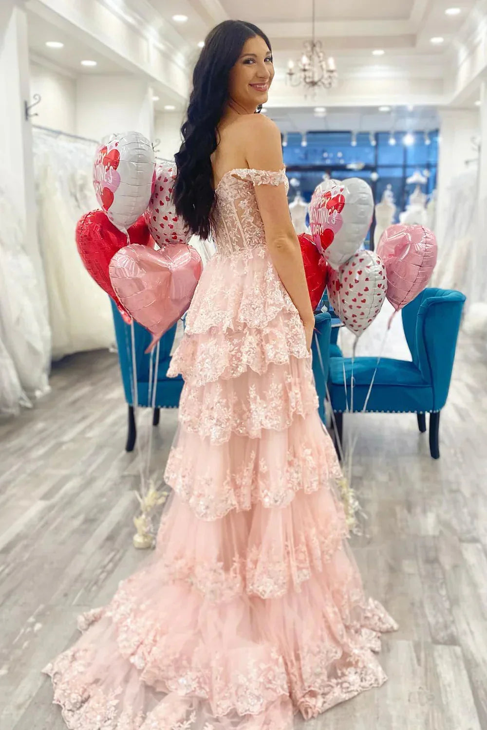 Pink Sequin Appliques Off-the-Shoulder Ruffle Tiered Long Prom Dress Evening Gown