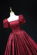 Vintage Square Neck Wine Red Prom Gown Short Sleeves Evening Dress Party Dress