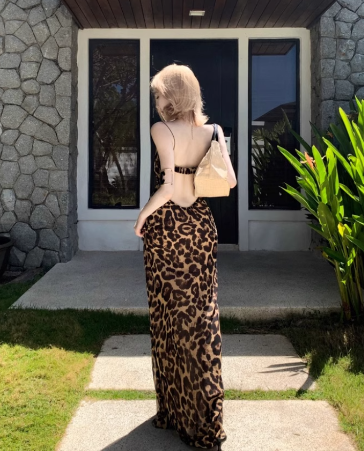 Large French Sexy Leopard Square Neck Suspender Dress Holiday Backless Long Dress R1875