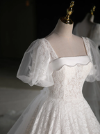 Elegant White Lace A Line Wedding Party Dress with Puff Sleeves White Lace Formal Gown