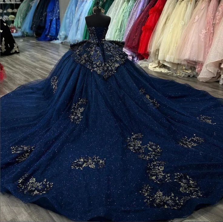 Navy Blue Sparkly Princess Quinceanera Dresses Applique Peplum Corset vestido de 15 quinceañeras Sweet 16 Ball Gown