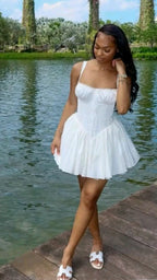White suspender low-cut sexy A-line cute fluffy lace skirt homecoming dress R2447