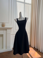 Elegant Black Square Neck Satin Prom Dress,A Line Evening Dress Y8589