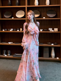V-neck tie-up printed dress, long skirt for women  G064