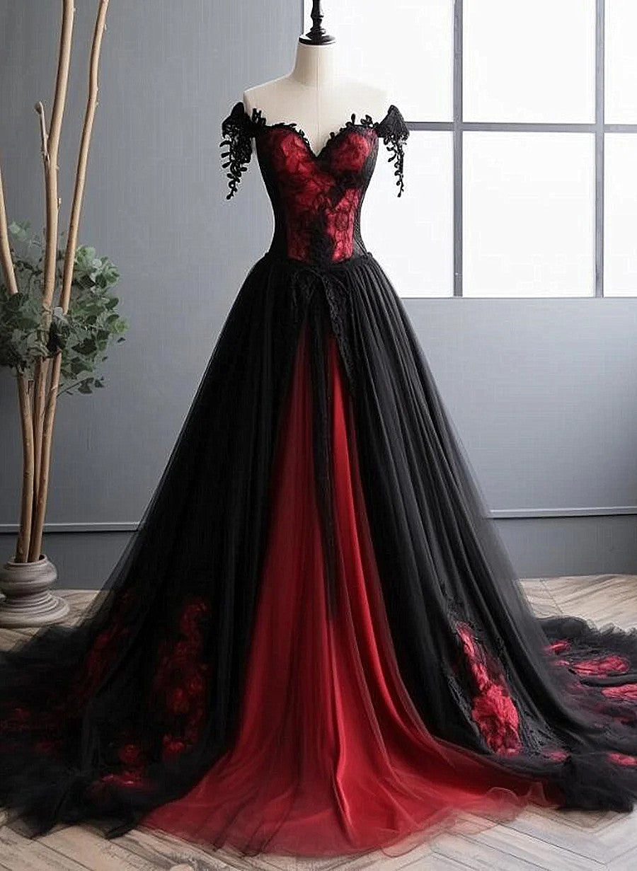 Elegant Black And Red Tulle With Lace Off Shoulder Gowns, Black And Red Prom Dresses