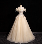 Elegant Champagne One-Shoulder 3D Floral Tulle Long Ball Gown Evening Dresses Sweet 16 Dresses