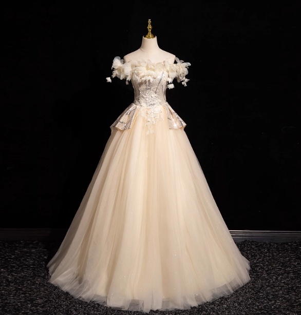 Elegant Champagne One-Shoulder 3D Floral Tulle Long Ball Gown Evening Dresses Sweet 16 Dresses