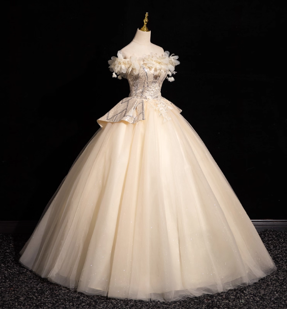 Elegant Champagne One-Shoulder 3D Floral Tulle Long Ball Gown Evening Dresses Sweet 16 Dresses