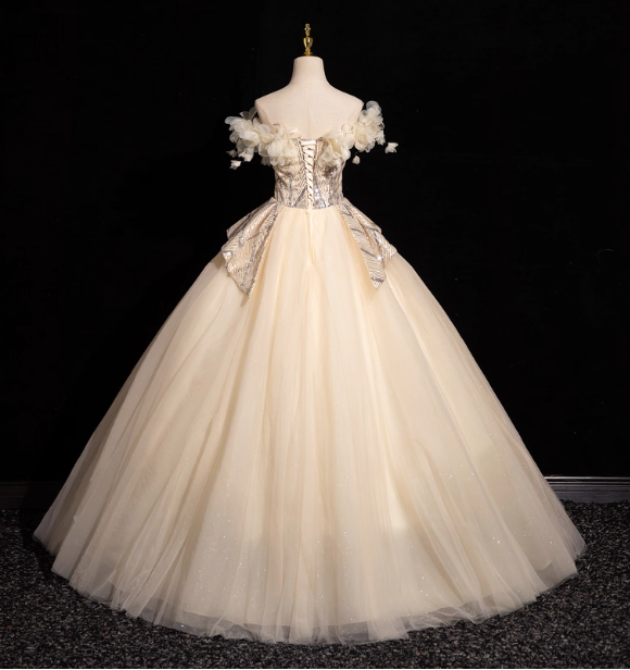 Elegant Champagne One-Shoulder 3D Floral Tulle Long Ball Gown Evening Dresses Sweet 16 Dresses