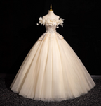 Elegant Champagne One-Shoulder 3D Floral Tulle Long Ball Gown Evening Dresses Sweet 16 Dresses