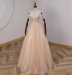 Elegant Champagne One-Shoulder Tulle Long Ball Gown Evening Dresses Sweet 16 Dresses