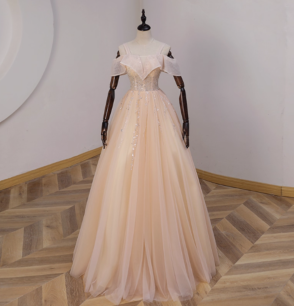 Elegant Champagne One-Shoulder Tulle Long Ball Gown Evening Dresses Sweet 16 Dresses
