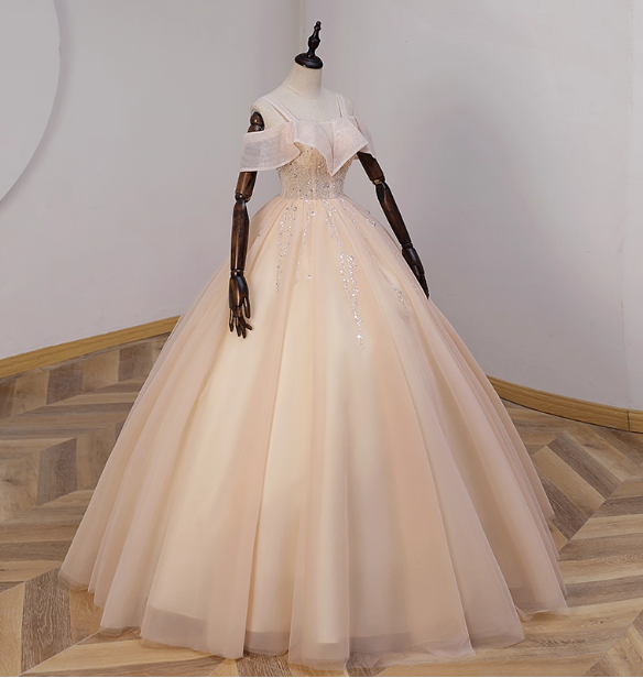 Elegant Champagne One-Shoulder Tulle Long Ball Gown Evening Dresses Sweet 16 Dresses