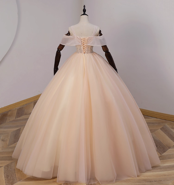 Elegant Champagne One-Shoulder Tulle Long Ball Gown Evening Dresses Sweet 16 Dresses