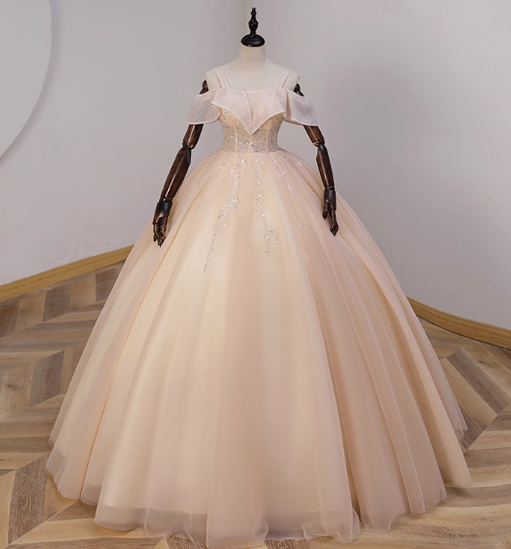 Elegant Champagne One-Shoulder Tulle Long Ball Gown Evening Dresses Sweet 16 Dresses