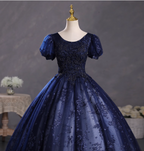 Elegant Court Navy Blue Crew Neck Puff Sleeve Embroidered Tulle Ball Gown Evening Dresses Sweet 16 Dresses