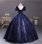 Elegant Court Navy Blue Crew Neck Puff Sleeve Embroidered Tulle Ball Gown Evening Dresses Sweet 16 Dresses