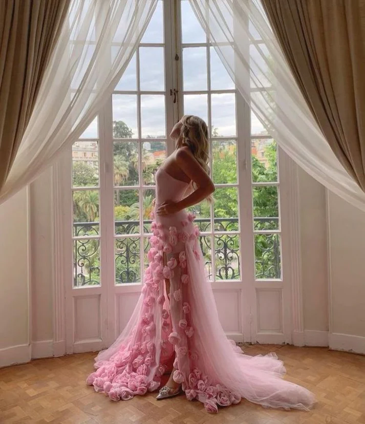 3D Flowers Prom Dress Strapless Split A-Line Dubai Arabia Women Prom Gown Prom Special Occasion Dresses Vestidos