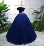 Elegant Navy Blue Off-The-Shoulder Velvet Tulle Ball Gown Evening Dresses Sweet 16 Dresses