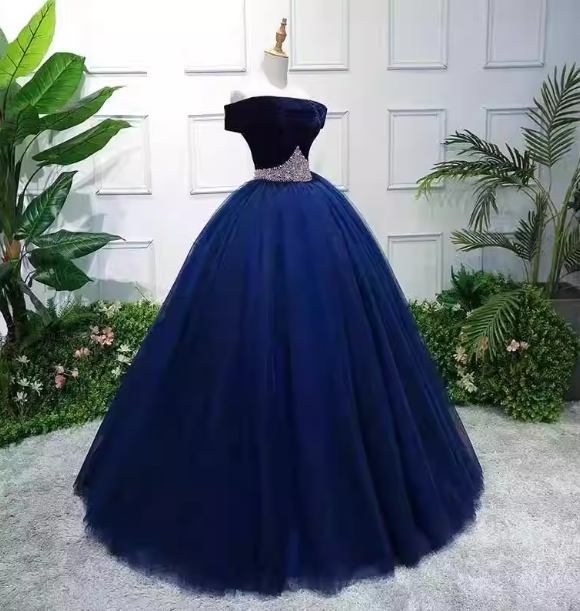 Elegant Navy Blue Off-The-Shoulder Velvet Tulle Ball Gown Evening Dresses Sweet 16 Dresses