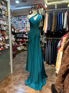 Elegant Peacock Green One-Shoulder Pearl Ribbon Satin Long Prom Dresses Evening Gown