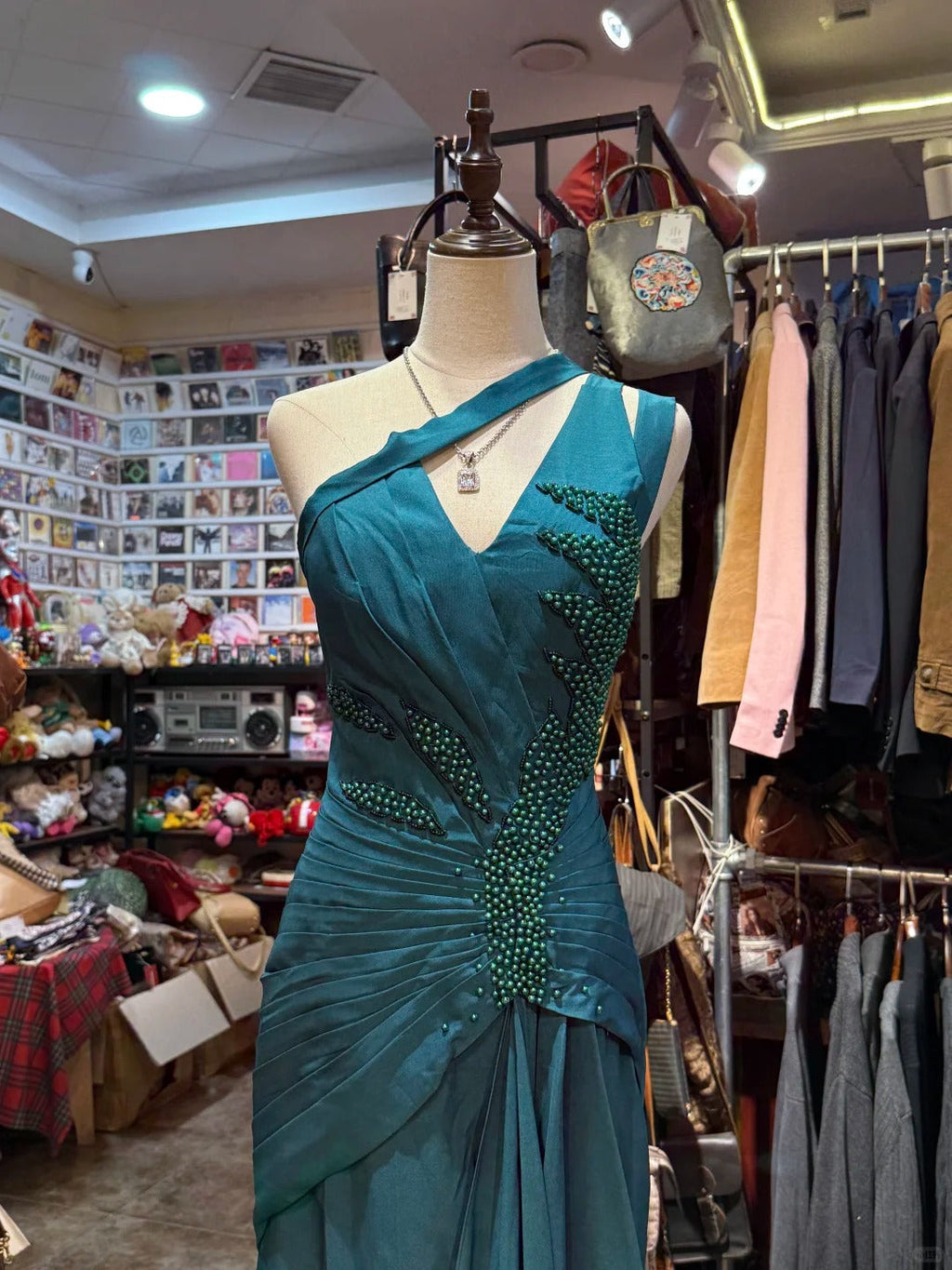 Elegant Peacock Green One-Shoulder Pearl Ribbon Satin Long Prom Dresses Evening Gown