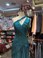 Elegant Peacock Green One-Shoulder Pearl Ribbon Satin Long Prom Dresses Evening Gown