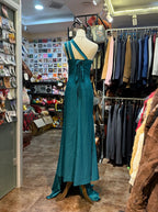 Elegant Peacock Green One-Shoulder Pearl Ribbon Satin Long Prom Dresses Evening Gown