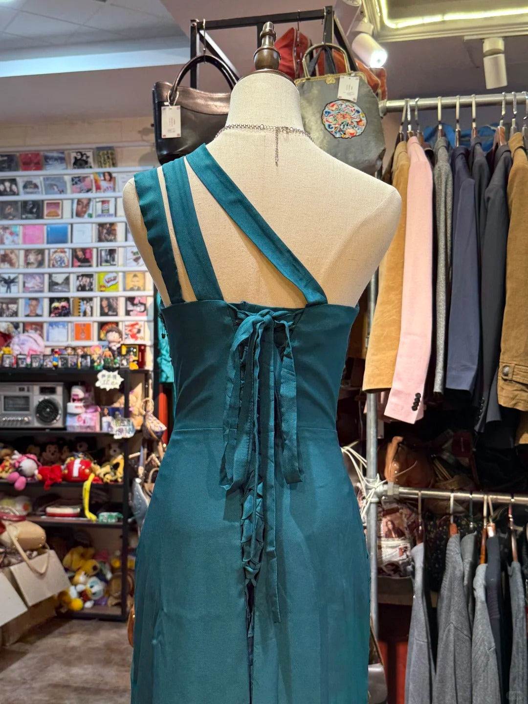 Elegant Peacock Green One-Shoulder Pearl Ribbon Satin Long Prom Dresses Evening Gown