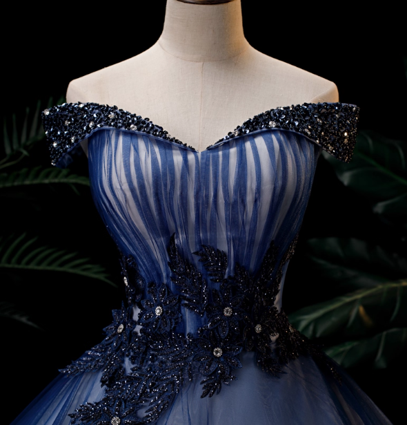 Elegant Teal Blue Off-The-Shoulder Embroidered Tulle Ball Gown Evening Dresses Sweet 16 Dresses