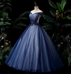 Elegant Teal Blue Off-The-Shoulder Embroidered Tulle Ball Gown Evening Dresses Sweet 16 Dresses