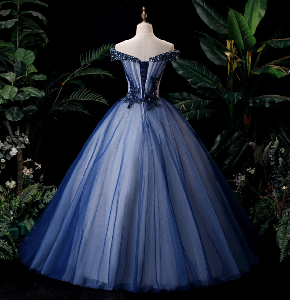 Elegant Teal Blue Off-The-Shoulder Embroidered Tulle Ball Gown Evening Dresses Sweet 16 Dresses