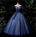 Elegant Teal Blue Off-The-Shoulder Embroidered Tulle Ball Gown Evening Dresses Sweet 16 Dresses