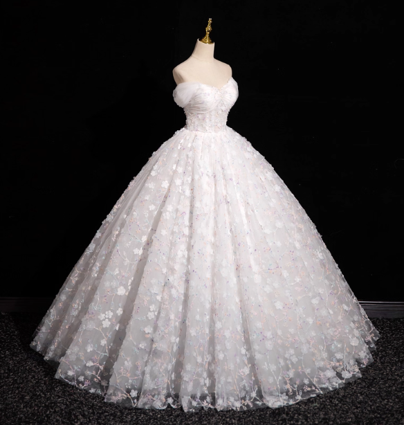 Elegant White 3D Floral Tulle Long Ball Gown Evening Dresses Sweet 16 Dresses