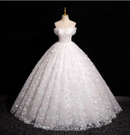 Elegant White 3D Floral Tulle Long Ball Gown Evening Dresses Sweet 16 Dresses