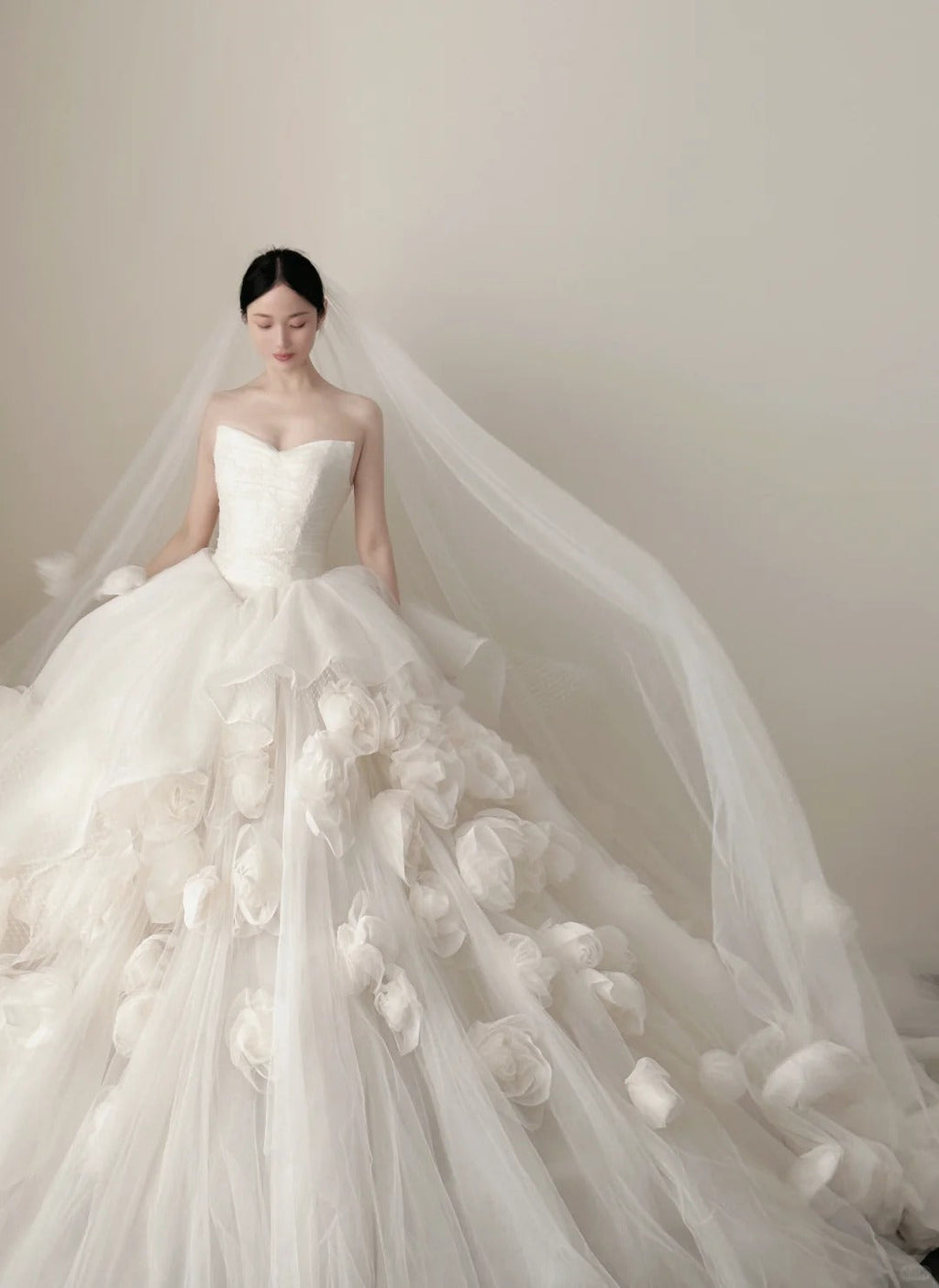 Elegant White Trailing Heart-Shaped Neckline 3D Floral Tulle Ball Gown Wedding Dresses