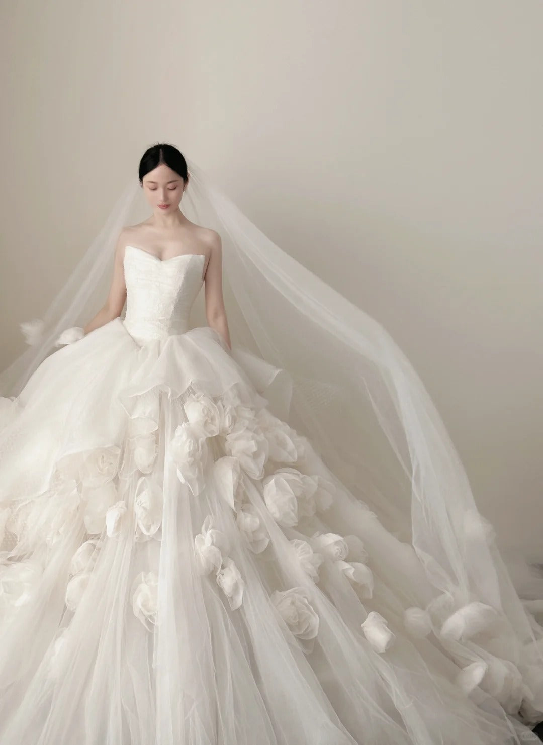 Elegant White Trailing Heart-Shaped Neckline 3D Floral Tulle Ball Gown Wedding Dresses