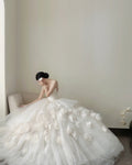 Elegant White Trailing Heart-Shaped Neckline 3D Floral Tulle Ball Gown Wedding Dresses