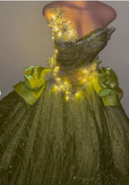 Sweetheart Ball Gown Green Long Prom Dresses Sparkly Rhinestone Tulle Green Sweet 16 Dress