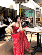 Temperament wear holiday skirt red plaid big swing tall long skirt suspender dress R1742