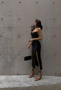 Spaghetti Straps Black Simple Prom Dress Cross Back Sexy Prom Dress Y106