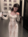 White long dress with lace trim and square neckline  G077