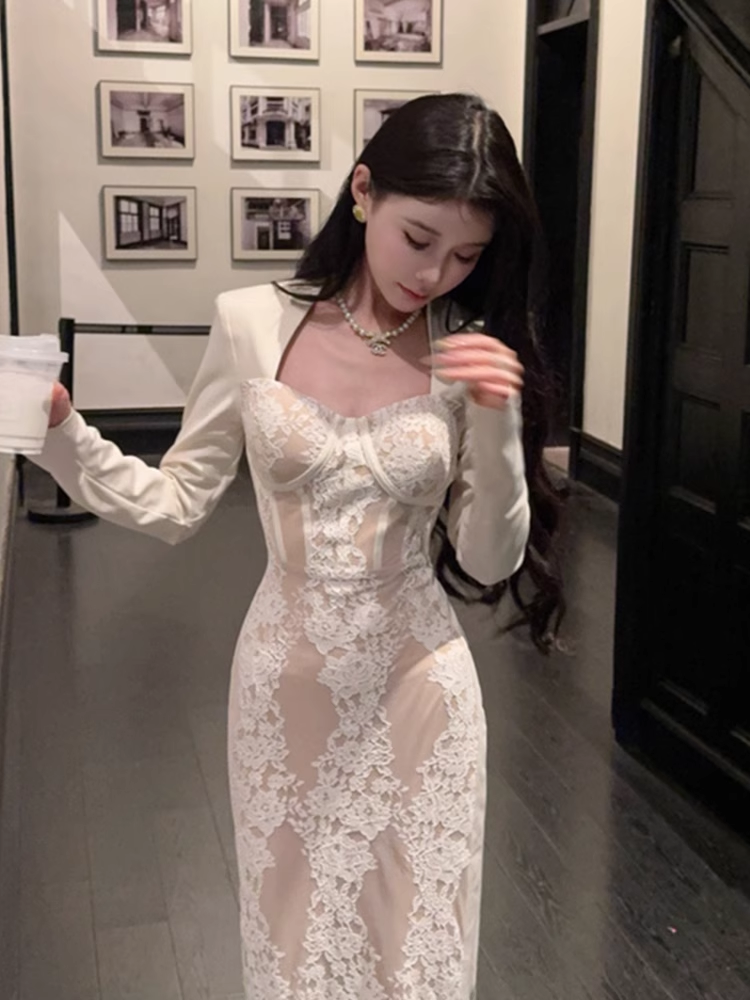 White long dress with lace trim and square neckline  G077