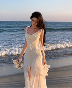 French style white suspenders beautiful small skirt seaside holiday dress fairy skirt R1605