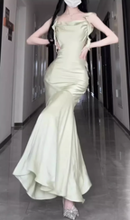 French ruffled sling satin dress large size high-end dress temperament slim fishtail skirt R1840
