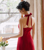 Retro skirt halter neck dress sexy backless wine red temperament slit dress skirt R1512