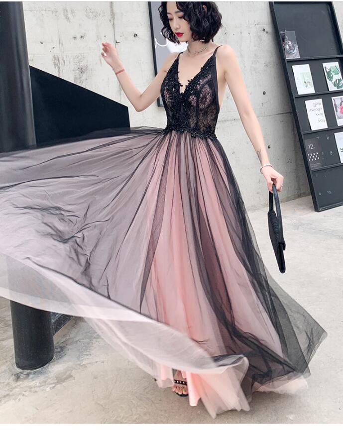 Fashionable Pink And Black Tulle V-Neckline Prom Dresses, Pink Lace Applique Prom Gowns
