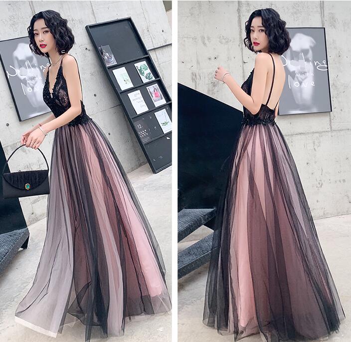 Fashionable Pink And Black Tulle V-Neckline Prom Dresses, Pink Lace Applique Prom Gowns