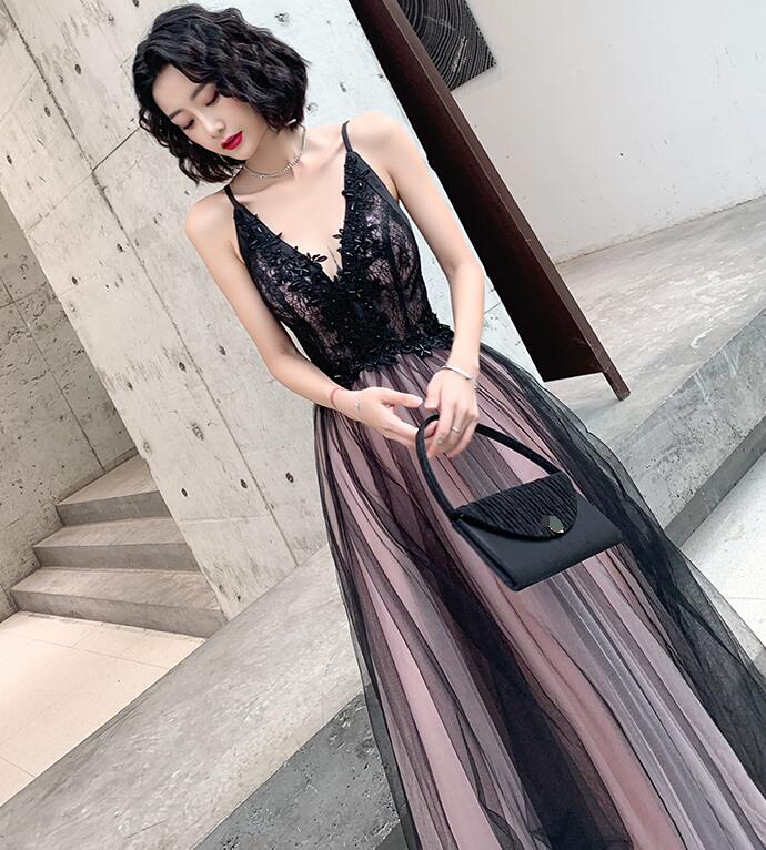 Fashionable Pink And Black Tulle V-Neckline Prom Dresses, Pink Lace Applique Prom Gowns